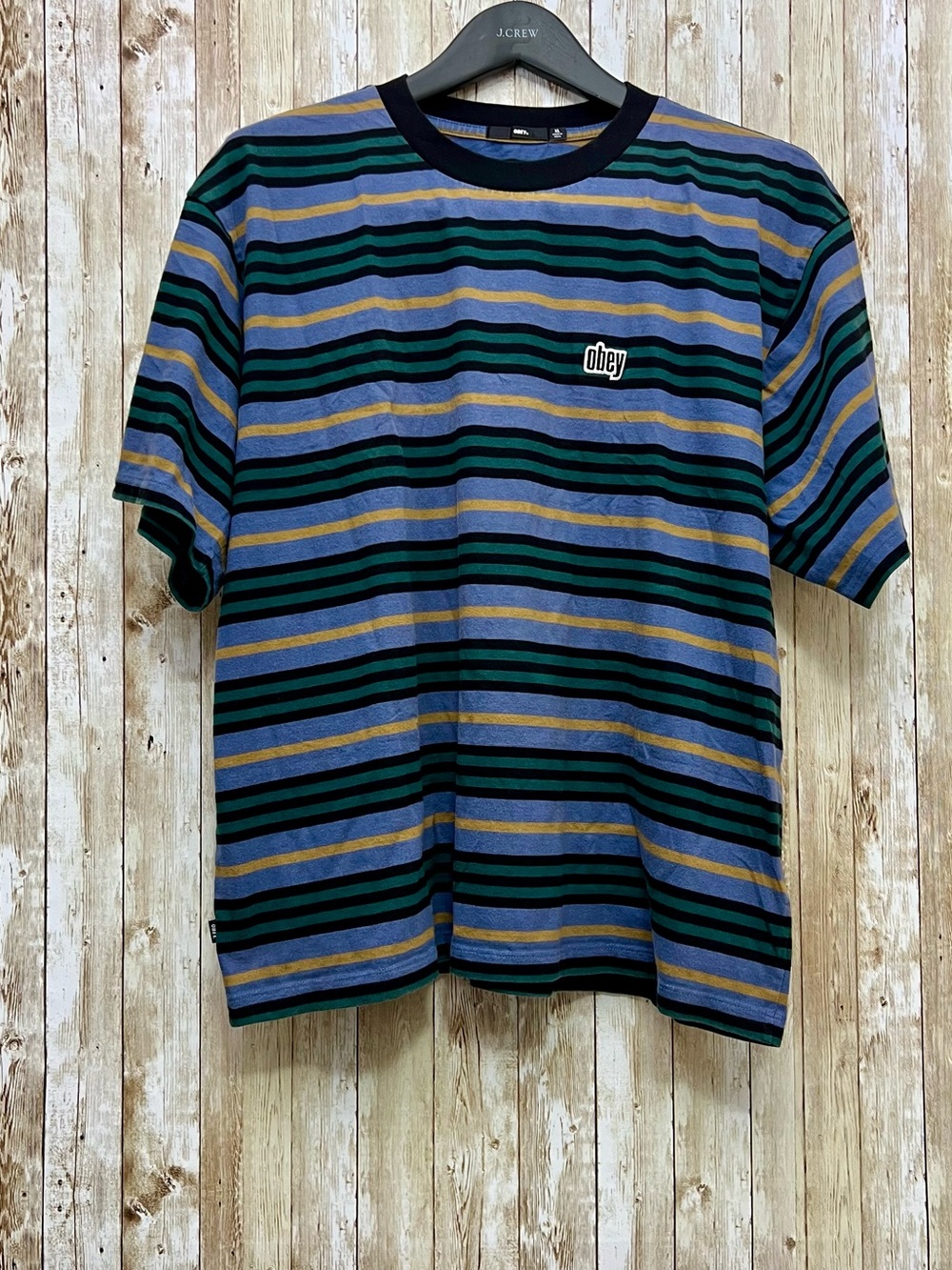 Obey Striped Short-Sleeve Crewneck Tee in Blue, Green & Gold Size XL